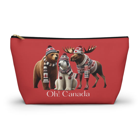 Pouch with Canadian-themed animals and 'Oh! Canada' text on a red background