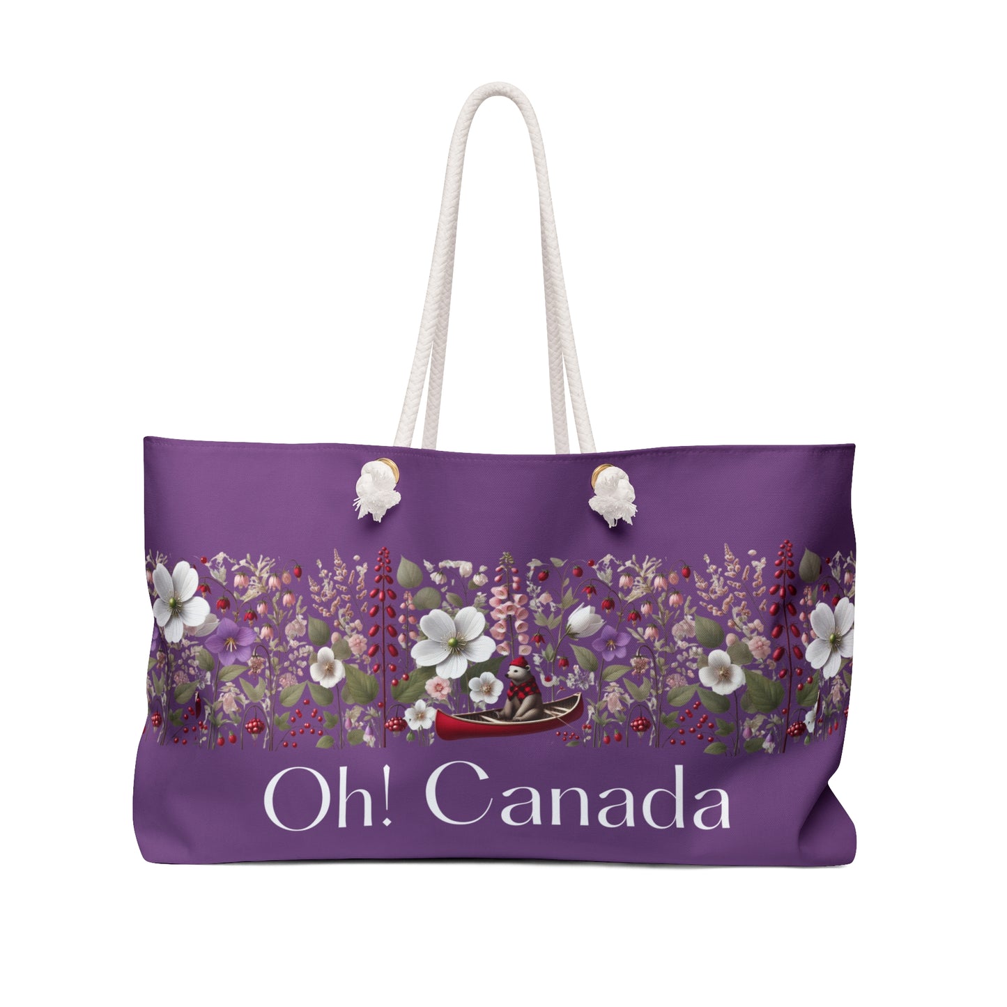 Purple tote bag with floral design and 'Oh! Canada' text on a white background