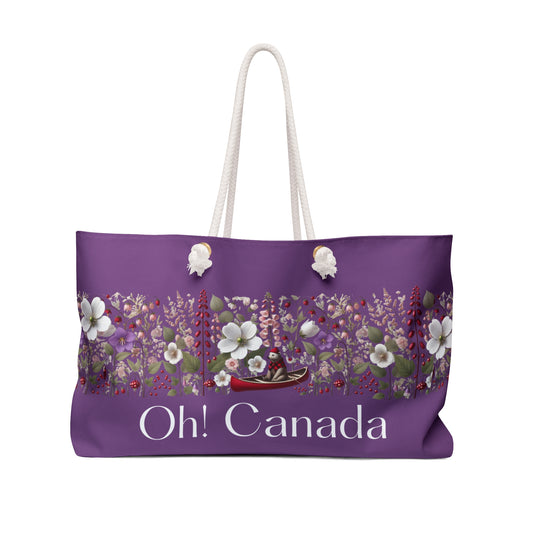 Purple tote bag with floral design and 'Oh! Canada' text on a white background