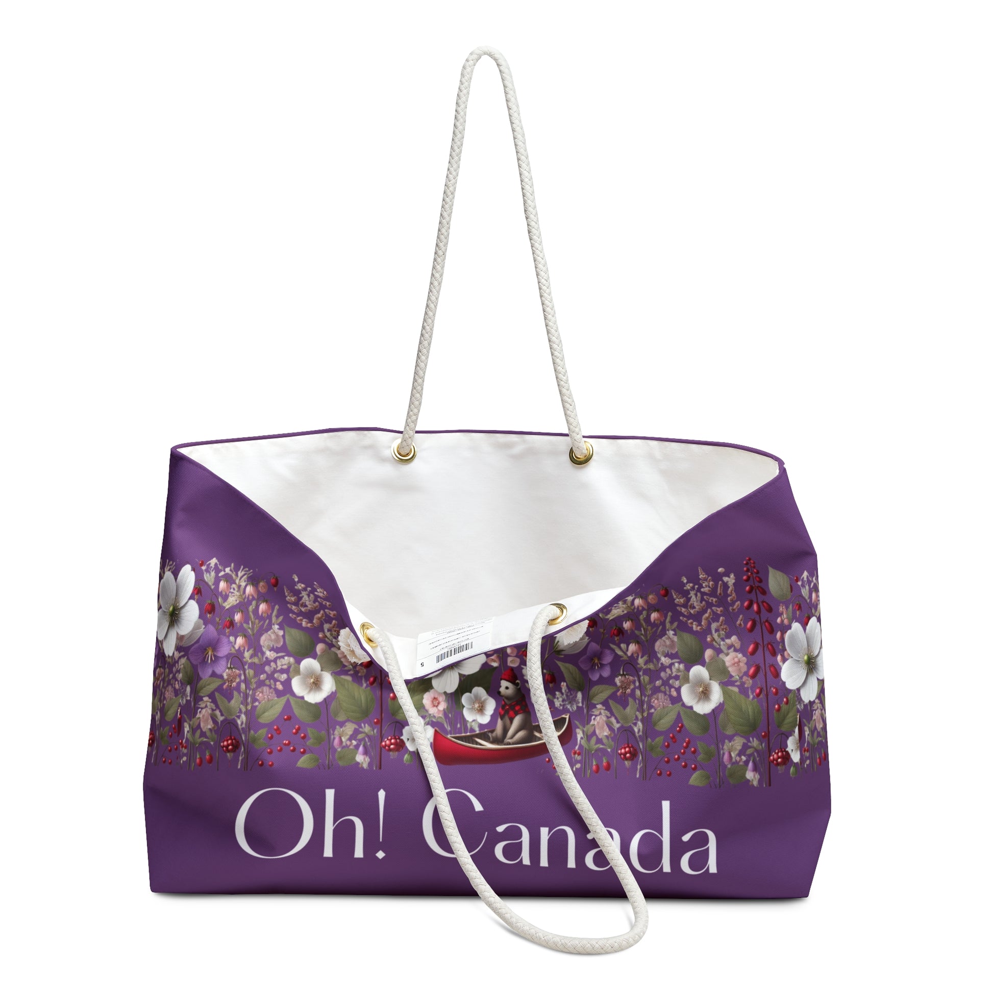 Purple tote bag with floral design and 'Oh! Canada' text with white inside background