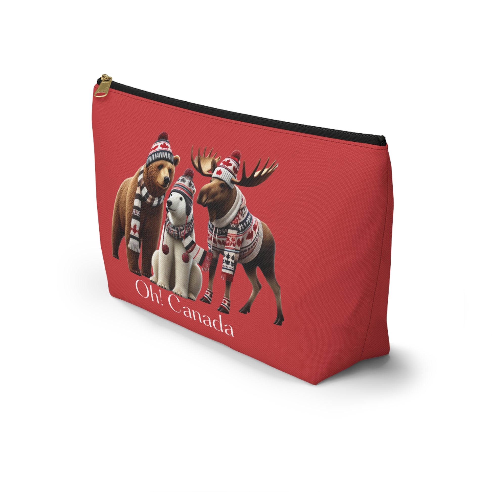 Red pouch with Canadian-themed design featuring a  grizzly, polar bear and moose wearing hats and scarves on a background.