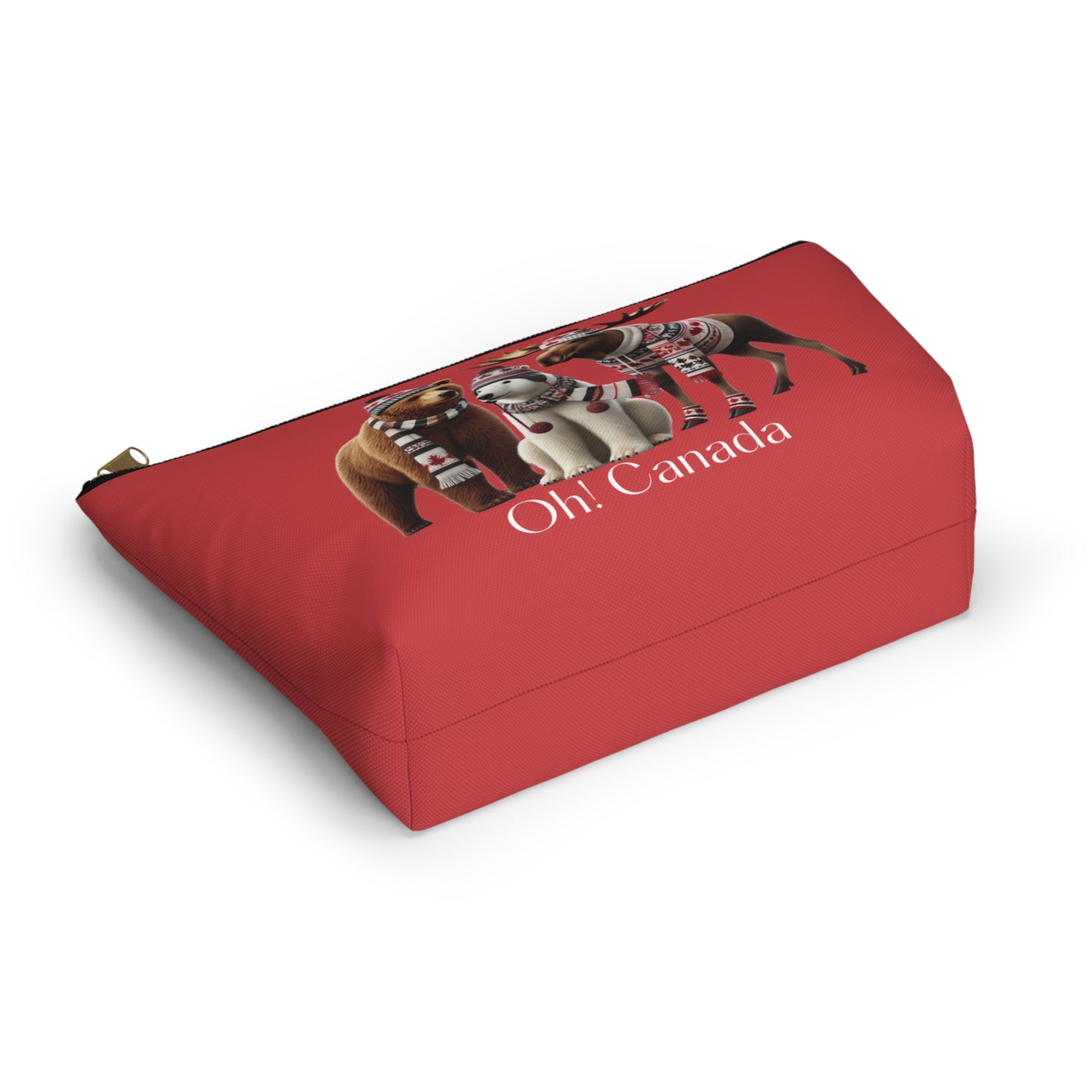 Red pouch with images of grizzly, polar bear and moose and 'Oh! Canada' text bottom view