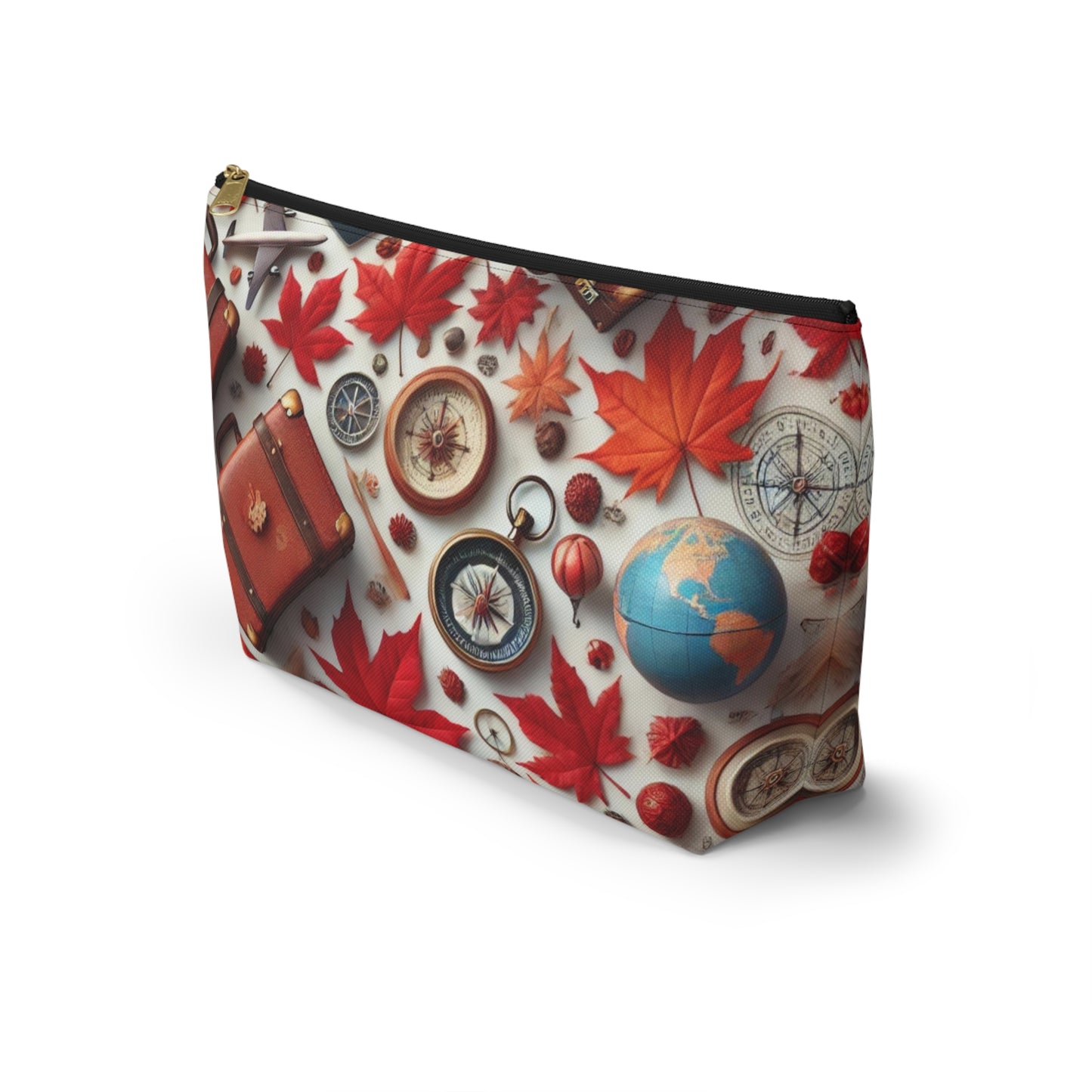 Technology Pouch with travel-themed design featuring red maple leaves, globes, and compasses on a white background