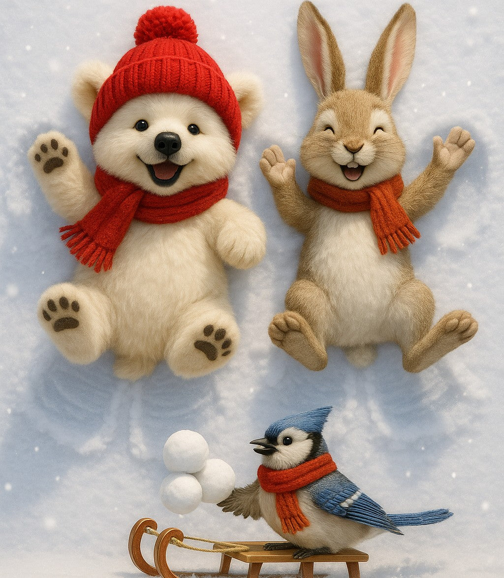 Toy bear, rabbit, and blue jay with scarves on a snowy background