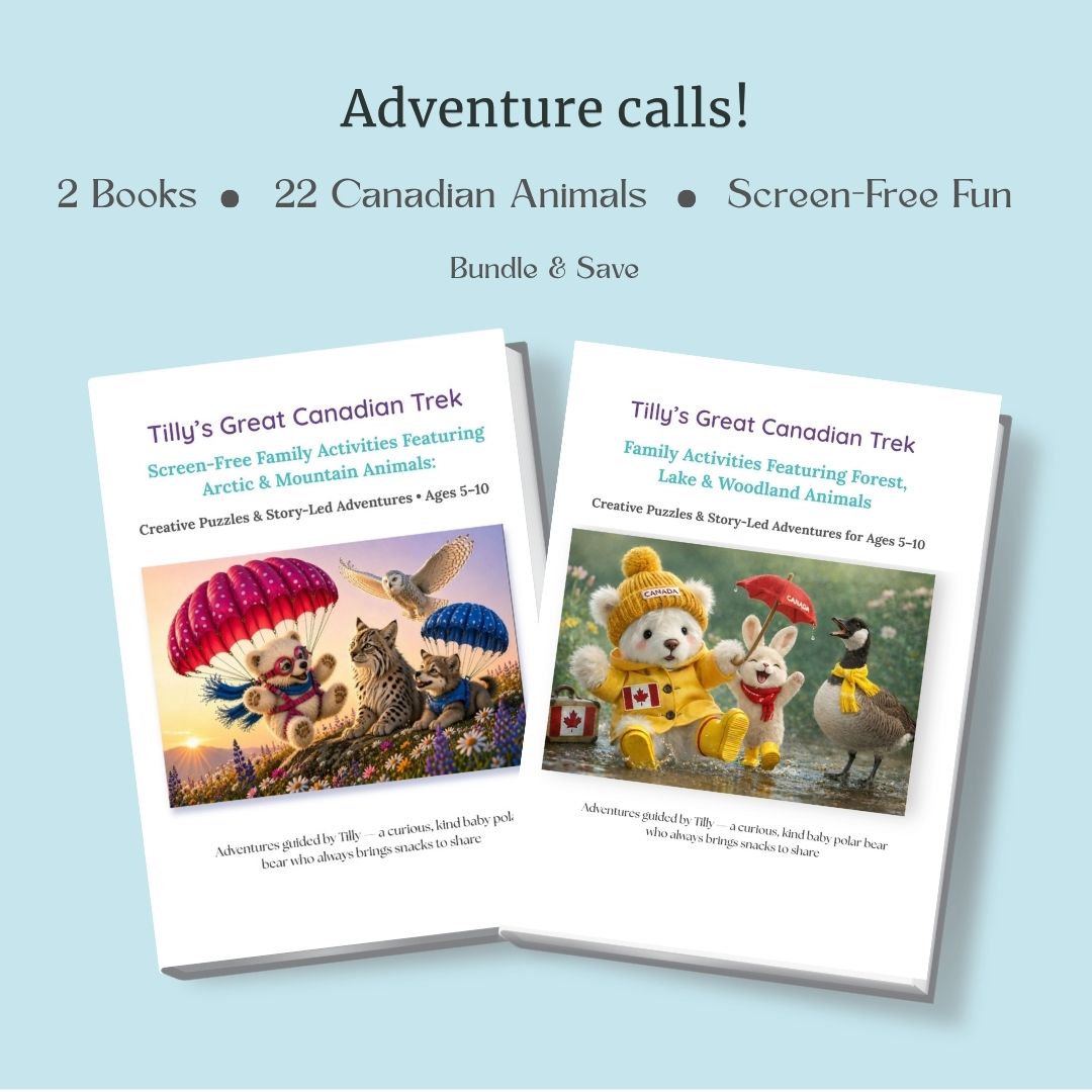 Two books titled 'Tilly's Great Canadian Trek' on a light blue background with text about Canadian animals and screen-free fun.