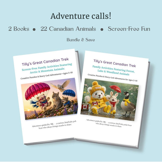 Two books titled 'Tilly's Great Canadian Trek' on a light blue background with text about Canadian animals and screen-free fun.