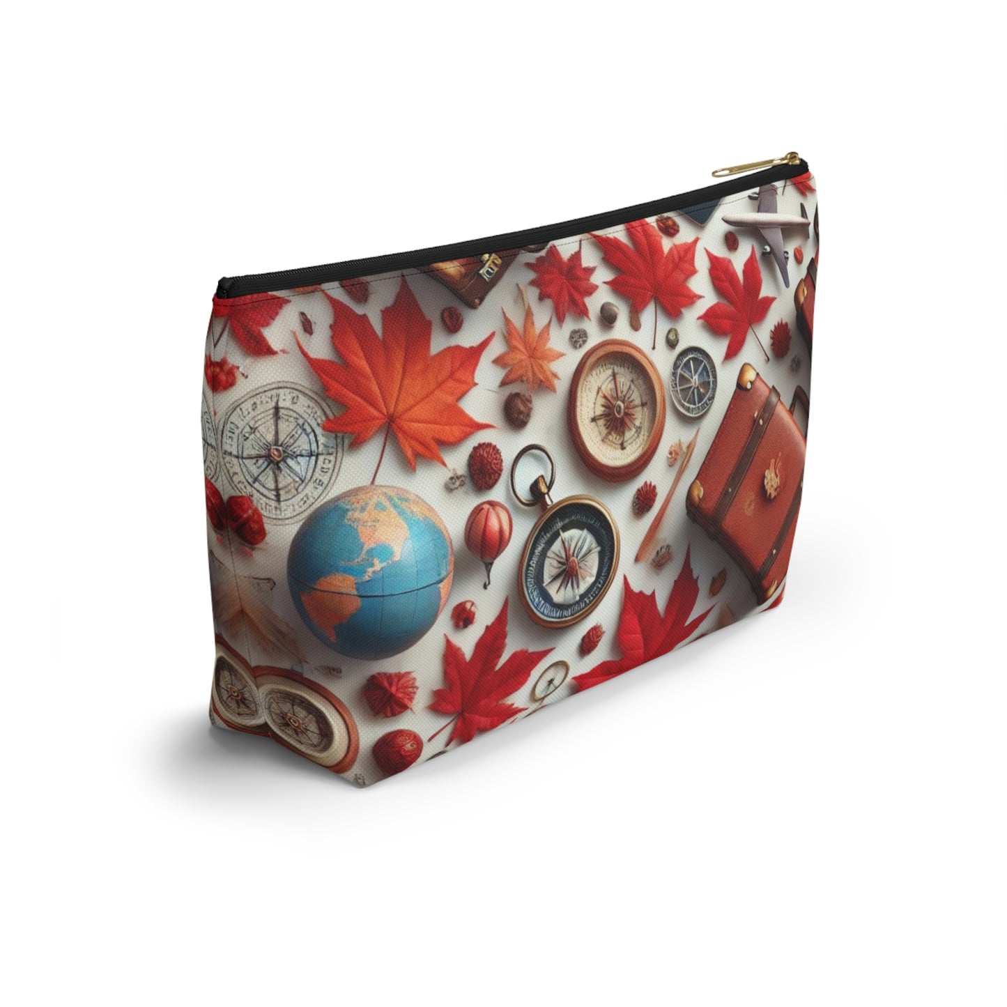 Cosmetic bag with autumn leaf and travel-themed design on a white background
