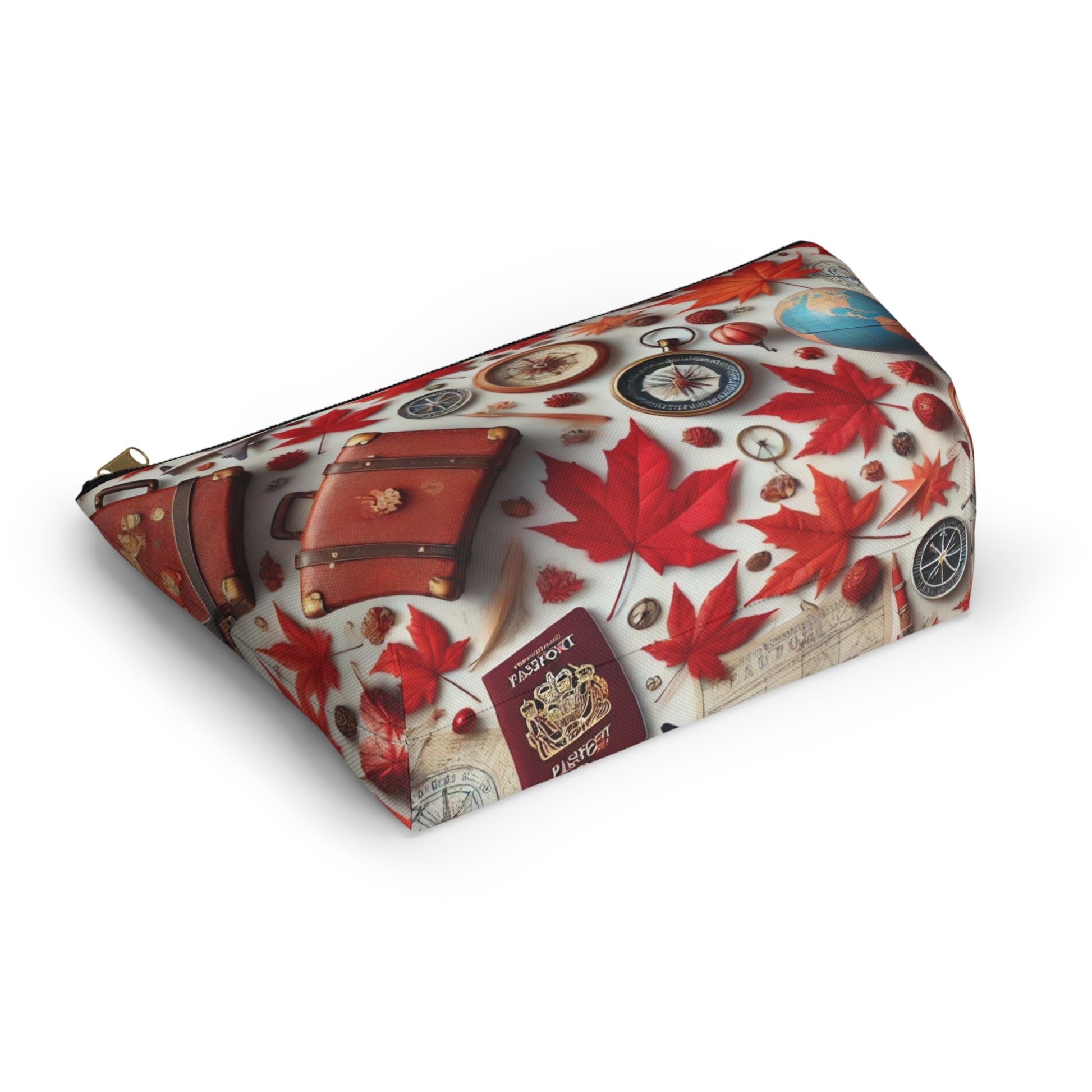 Pouch with travel-themed design featuring a suitcase, passport, and red maple leaves on a white background